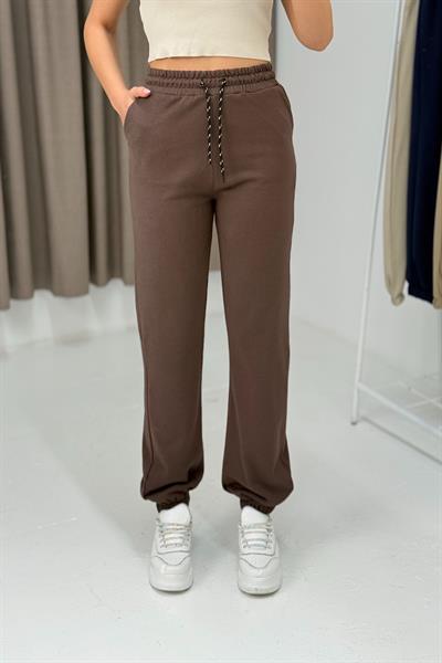 Kadın İki İplik Paçası Lastikli Eşofman Altı Kahverengi