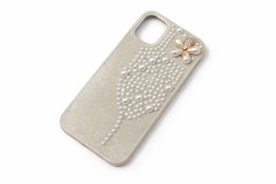 İphone 13 Uyumlu İnci ve Glitter Detaylı Kılıf Ekru