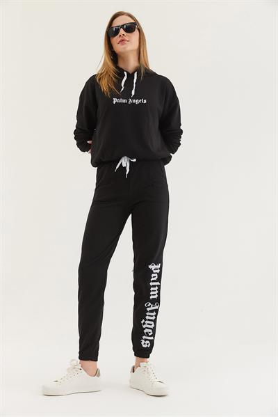 Kapüşonlu Paça Lastikli Eşofman Takım Siyah