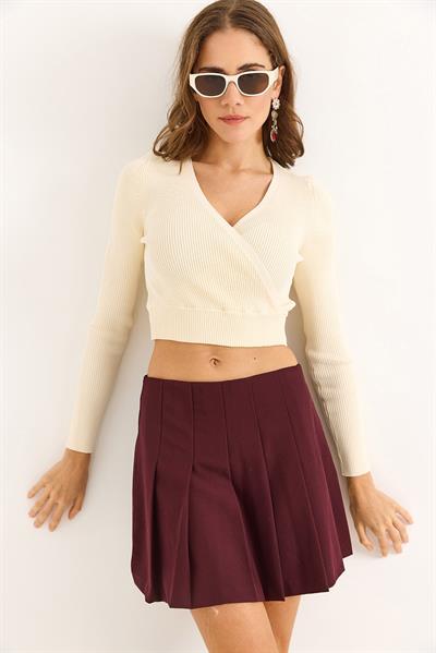 Kadın Kruvaze Yaka Uzun Kollu Şık Crop Triko Bluz Bej