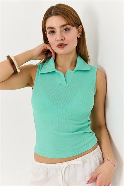 Sıfır Kol Polo Yaka Basıc Örme Kaşkorse Bluz Su Yeşili