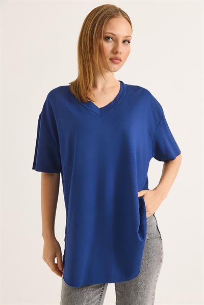 V Yaka Arkası Uzun Basic Tshirt Saks