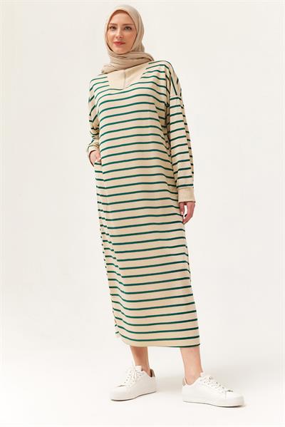 Yarım Fermuar Çizgili Uzun Elbise Yeşil