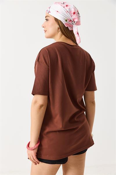 Kadın Baskılı Bisiklet Yaka Kısa Kol Tshirt Kahverengi