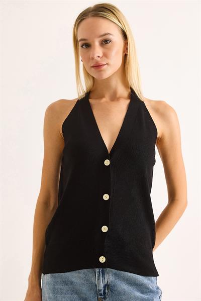 Kadın Düğmeli Triko Yelek Siyah
