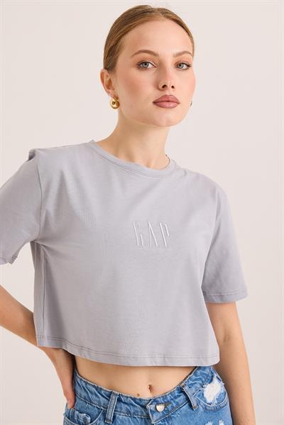 Nakışlı Örme Pamuk Crop Tshirt Gri