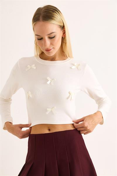 Kadın Kurdeleli Uzun Kollu Crop Bluz Beyaz