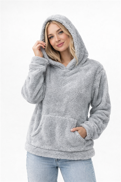 Kadın Kapüşonlu Welsoft Uzun Kollu Siyah Açık Gri
