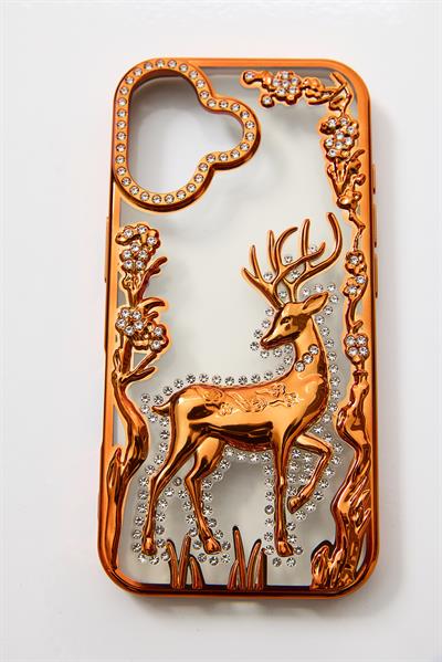 İphone 17 Uyumlu Geyik ve Çiçek Kabartmalı Kılıf Turuncu