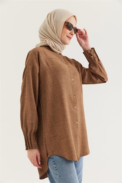 Keten Kumaş Kol Nervül Detaylı Gömlek Tunik Vizon