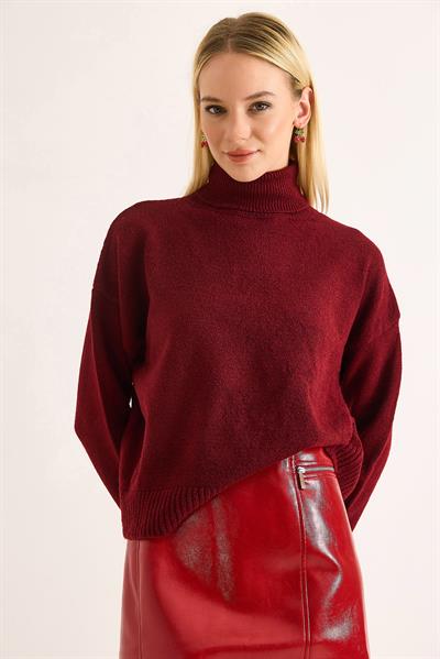 Kadın Oversize Boğazlı Kazak Bordo
