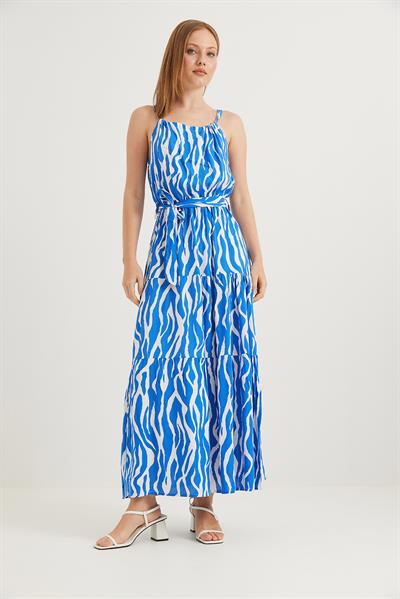 Zebra Halter Yaka Kuşaklı Elbise Mavi