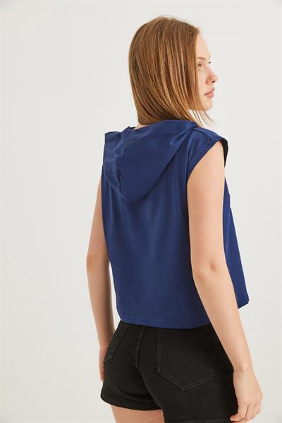 Kapüşonlu Sıfır Kol Baskılı Tshirt Lacivert