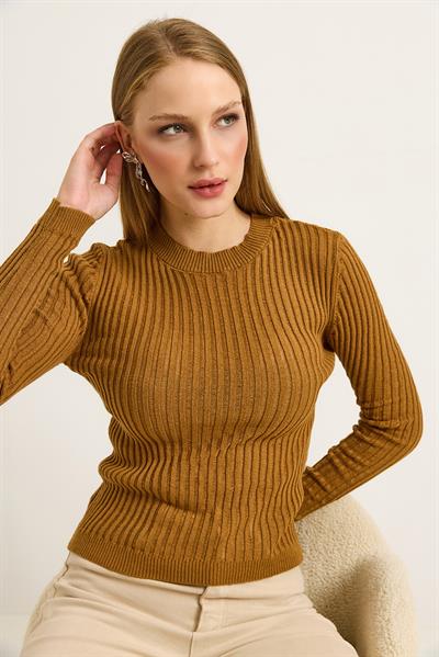 Bisiklet Yaka Triko Örme Bluz Taba