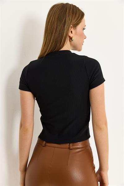 Kalp Detaylı Fitilli Örme Bluz Siyah