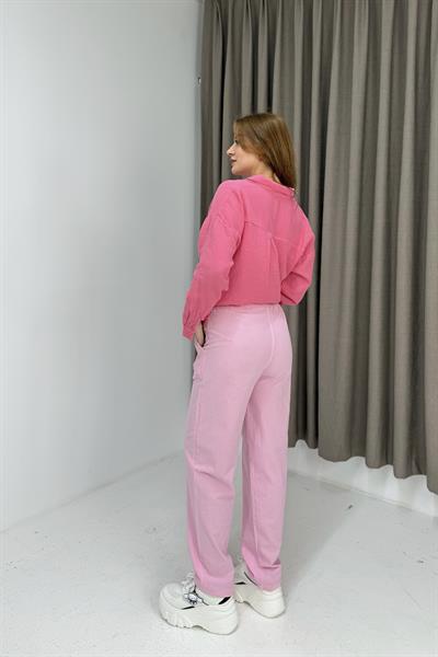 Kanvas Cepli Bağcıklı Beli Lastikli Uzun Pantolon Pembe