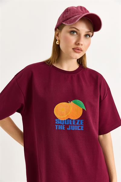 Oversize Ön ve Arka Baskılı Tshirt Bordo