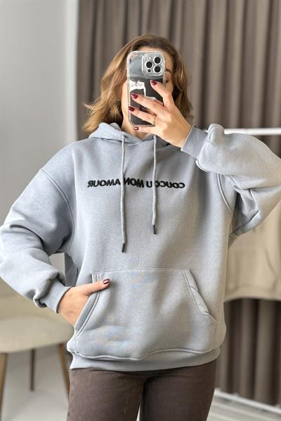 Oversize Kapüşonlu KangurU  Cepli Sweatshirt Füme