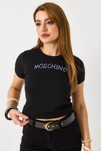 Kadın Taş Baskı Detaylı Crop Bluz Siyah