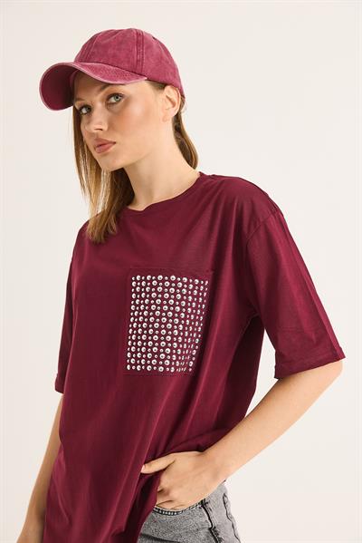 Bisiklet Yaka Taş Detaylı Cepli Tshirt Bordo