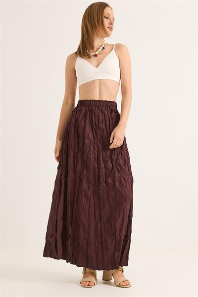 Kırışık Model Beli Lastikli Kadın Etek Mürdüm