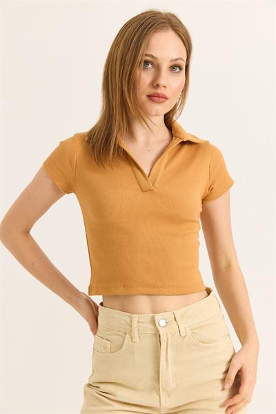Polo Yaka Basıc Kısa Kollu Örme Kaşkorse Crop Bluz Taba