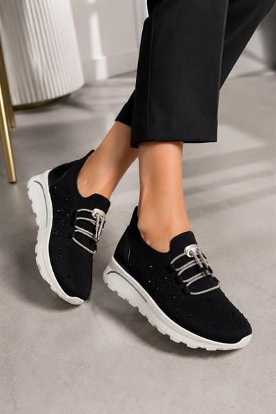 Kadın Triko Sneaker Taş Detaylı Konfor Taban Taş Bağcıklı Spor Ayakkabı Siyah