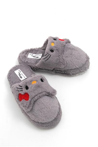 Önü Kapalı Peluş Model Kurdela Detaylı Terlik Gri