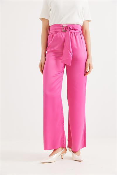 Kemerli Yüksek Bel İspanyol Paça Pantolon Pembe