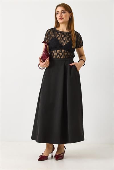 Kadın Yandan Fermuarlı Cepli Uzun Etek Siyah