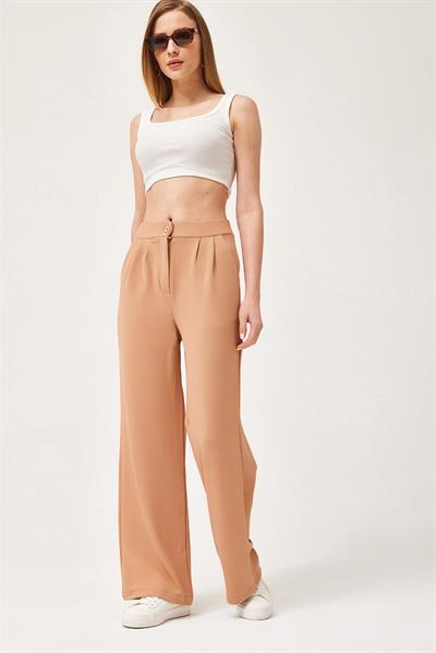Yüksek Bel Cepli Palazzo Pantolon Vizon