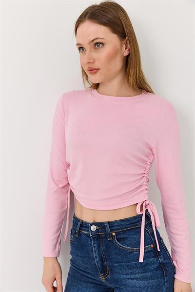 Yanları Büzgülü Uzun Kollu Pembe Bluz 