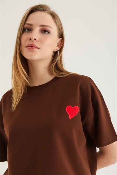 Bisiklet Yaka  Kısa Kol Basic Tshirt Kahve