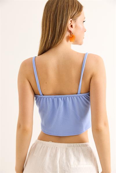 İp Askılı Örme Crop Bluz Mavi