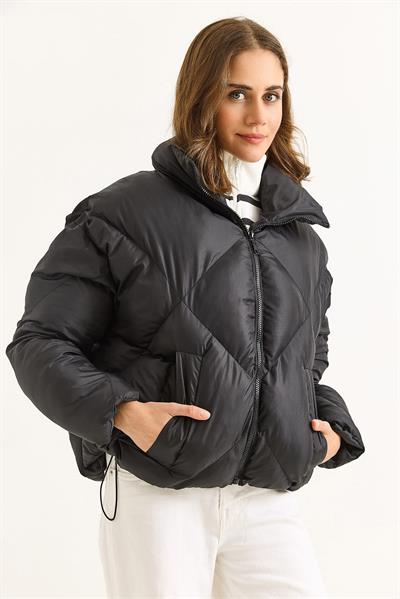 Kadın Oversize Alttan Lastikli Siyah Şİşme Mont