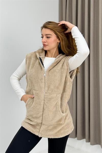 Kadın Kapüşonlu Kanguru Cepli Welsoft Sweat Vizon