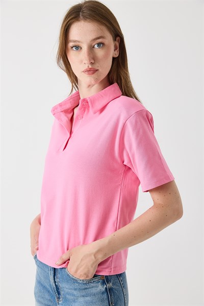 Kadın Vatkalı Polo Yaka Tshirt Koyu Pembe
