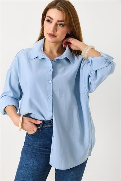 Kadın Taş Detaylı Oversize Şık Gömlek Mavi