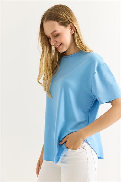 Oysh Yumuşak Dokulu Eteği Oval Modal Tshirt Açık Mavi
