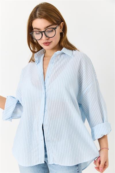 Kadın Uzun Kollu Oversize Gömlek Açık Mavi
