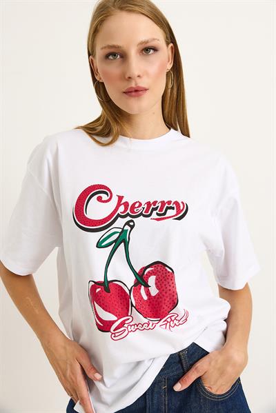 Baskılı Bisiklet Yaka Kadın Tshirt Beyaz