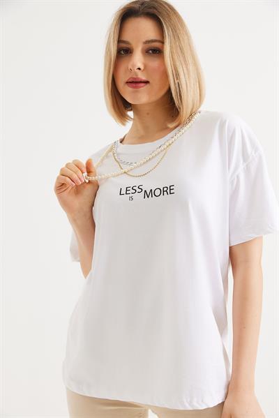 Aksesuar Detaylı Kadın Basic Tshirt Beyaz