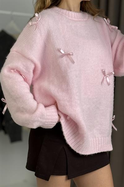 Kadın Kurdele Detaylı Oversize Triko Kazak Pembe