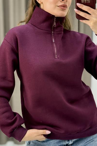 Kadın Mürdüm Yarım Fermuarlı Üç İplik Sweat 