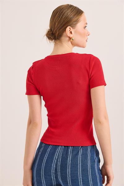 Bisiklet Yaka Örme Kaşkorse Bluz Kırmızı