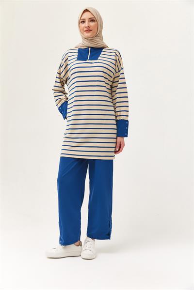 Yaka Fermuarlı Kol Detaylı  İkili Takım Lacivert