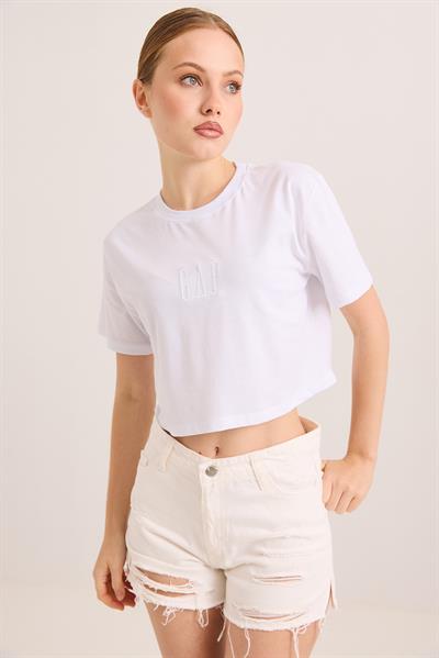 Nakışlı Örme Pamuk Crop Tshirt Beyaz