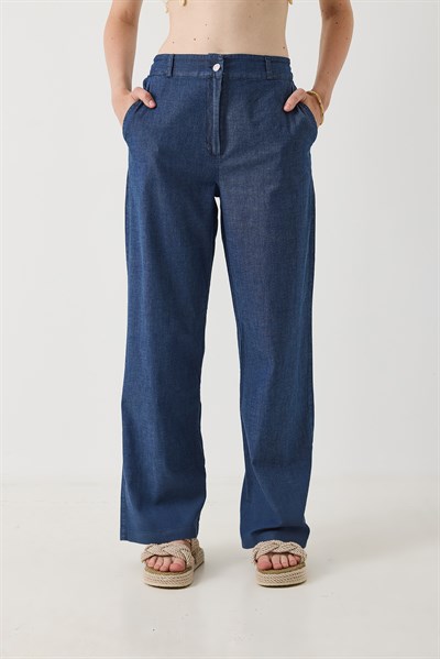 Kadın Beli Lastikli Geniş Paça Rahat Kesim Pantalon Lacivert