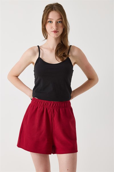 Kadın Beli Lastikli Kaşkorse Şort Bordo