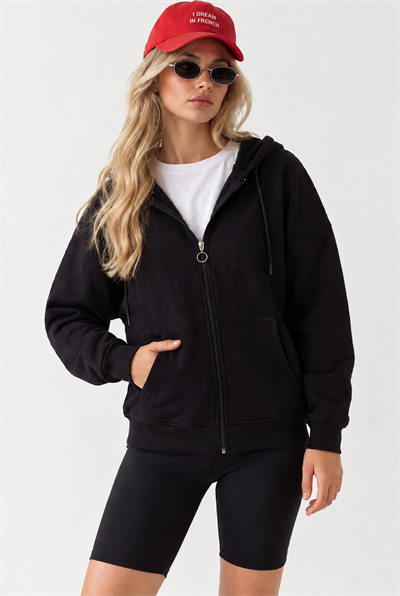 Kadın Kapüşonlu Fermuar Detaylı Cepli Sweatshirt Siyah